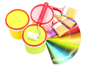 Set for painting: paint pots, brushes, paint-roller, palette of