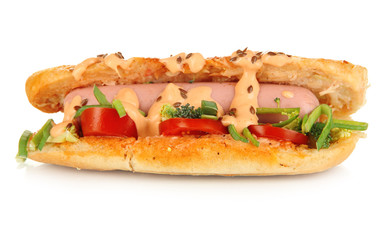 Delicious hot dog isolated on white