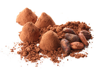 Chocolate truffles and cocoa isolated on white