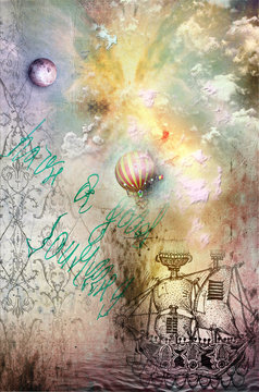 Grunge background with ship and hot air balloon