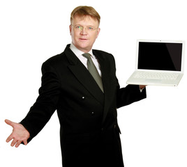 Man presenting laptop isolated on white background