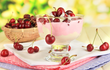Delicious cherry dessert in glass vase