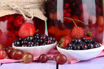 Home made berry jam on wooden table close up