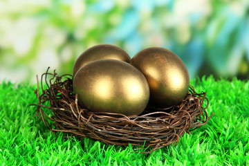 Three golden eggs in nest on grass on bright background