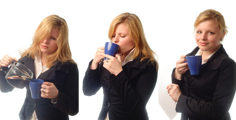 Collage showing the effect of coffee. Young woman drinking coffe