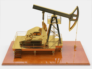 Corporate souvenir. Gold Oil-producing pump on a wooden stand.