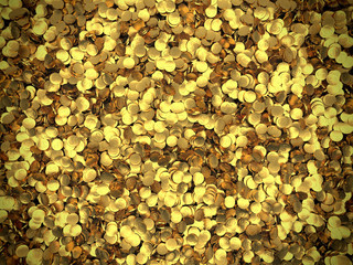 Background of golden coins piled in a heap. Storage of gold.