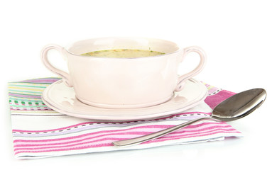 Nourishing soup with vegetables in pan isolated on white