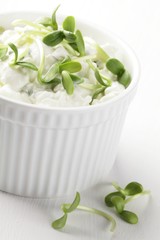 Cottage cheese with herbs and fresh sunflower sprouts.