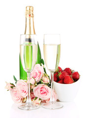Romantic still life with champagne, strawberry and pink roses,