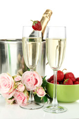 Romantic still life with champagne, strawberry and pink roses,