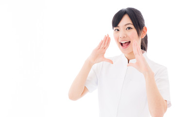attractive asian nurse yelling white background