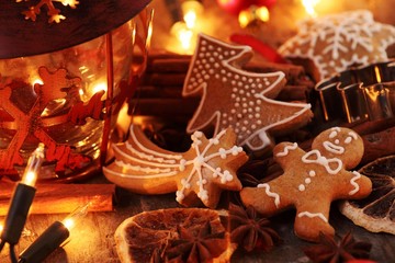 Gingerbread cookies, spices and Christmas lights