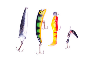 Different fishing baits isolated on white background