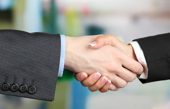 Business handshake on bright background