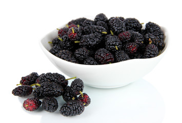 Ripe mulberries in bowl isolated on white