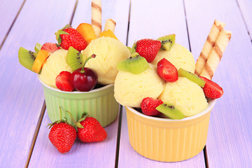 Delicious  ice cream with fruits and berries in bowl
