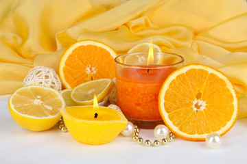 Romantic lighted candles close up
