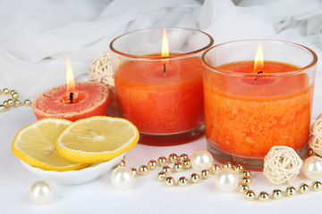 Romantic lighted candles close up