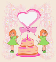 birthday invitation,girl holding balloons and a birthday cake wi