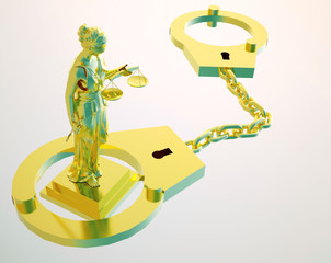 Themis statue and handcuffs over white background
