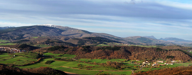 panoramic of Gorbea Mountain in Alava with some villages