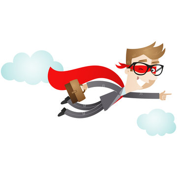 Businessman, Superhero, flying, pointing, clouds