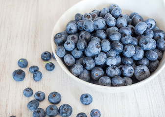 White bowl cup with fresh ripe blueberries