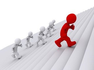 People running up the stairs, but one is the leader