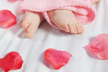 The legs of an infant and rose petals. Close-up.