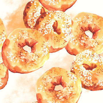 Watercolor seamless background with donuts