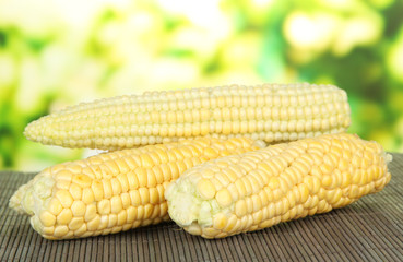 Fresh corn on bamboo mat, on bright background