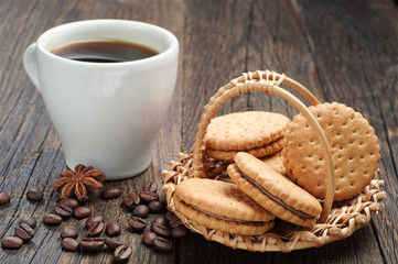 Cookies in a wicker basket and cup of coffee