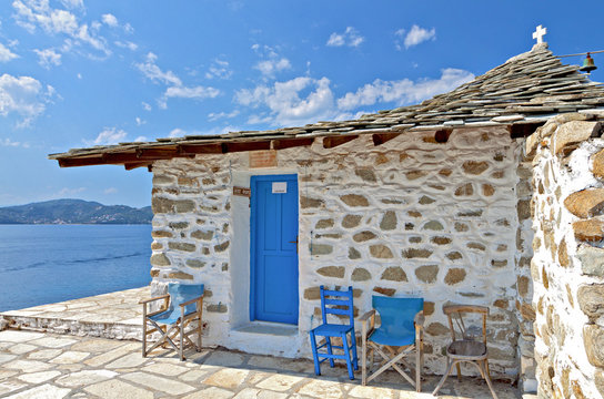 Traditional chapel at Skiathos island in Greece