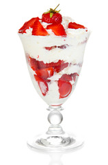 Natural yogurt with fresh strawberries isolated on white