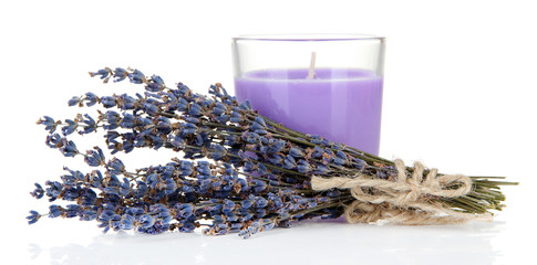 Lavender candle with fresh lavender, isolated on white