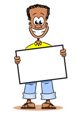 A young cartoon Afro American guy  holding a blank notice board