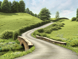 Wiejska droga z mostem przez zieloną łąkę - obrazy, fototapety, plakaty