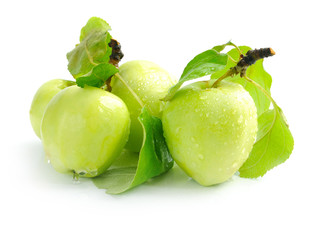Fresh green apples are on a white background