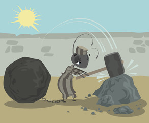 Ant prisoner with chains ball working hard breaking rocks - obrazy, fototapety, plakaty