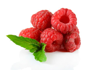 Ripe sweet raspberries isolated on white