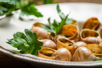 Closeup of baked snails with garlic butter