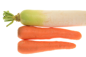 Radish And Carrots Isolated On White Background