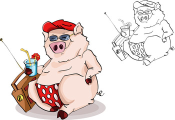 Funny pig in red pants sunbathing on summer beach