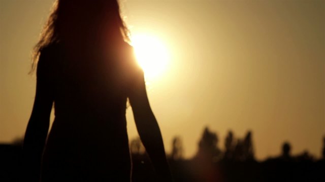 silhouette of a girl with flowers in the setting sun