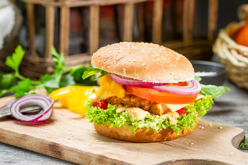 Closeup of homemade burger made ​​from fresh vegetables