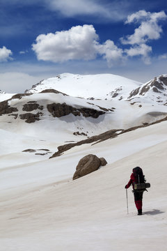 Hiker in snow mountains
