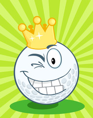 Golf Ball Cartoon Character With Gold Crown Winking