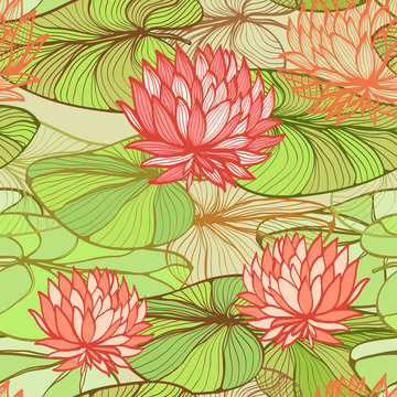 Seamless floral pattern with pink water lilys