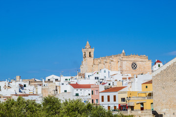 Fototapeta na wymiar Cityscape of Ciutadella old town with old cathedral domination
